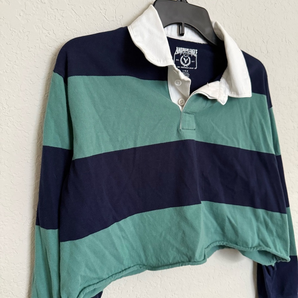 American Eagle Throwback Rugby Sweater Size L Cropped Preppy Cotton Academia - Picture 2 of 6